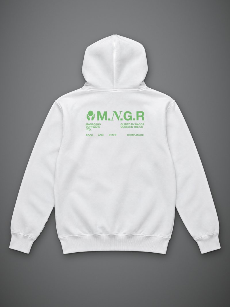 White MANAGERO M.N.G.R HOODIE, back view